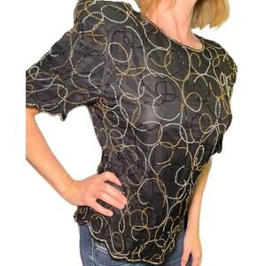 Vintage black 1990s Scala beaded 100% silk short sleeve top w/scalloped edges 1X